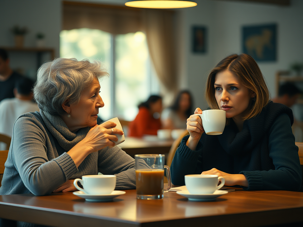 two women, one older and one younger, sitting at a table drinking coffee, surrounded by the chaos of motherhood, with the younger woman looking frazzled